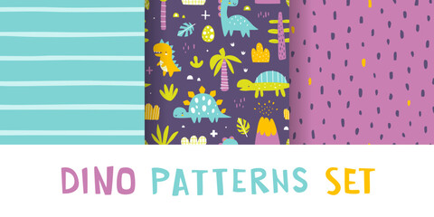 Cute pattern set with baby dino. Seamless colorful vector print collection with abstract dinosaurs for kids textile and fabric.