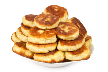 Plate with homemade pancakes on a white background. Homemade pastries prepared in the kitchen.