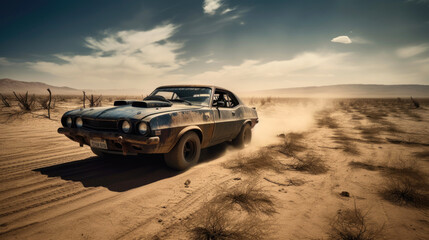 Fototapeta na wymiar Highly customized rusty car rushes through the desert. Generative AI