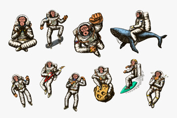 Monkey astronaut with whale, guitar, skateboard and moon. Chimpanzee spaceman cosmonaut characters set. Astronomical galaxy space. Funny cosmonaut explore adventure.Hand drawn old sketch Generative AI
