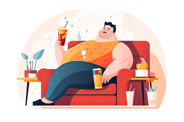 Unhealthy lifestyle and diet concept. Smiling over weight fatty man sitting napping in armchair after drinking