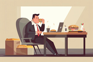 Fototapeta premium vector illustration of lazy businessman eating fast food