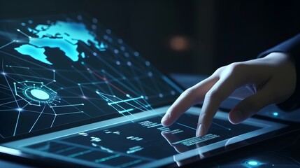 Business Intelligence, Data analysis technology concept. Businessman using digital tablet programming with AI modern computer dashboard and big data, hand pushing a touch interface, Generative AI