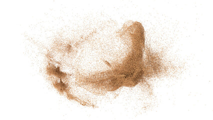 3D rendering of scattered sand granules or fine dirt on transparent background