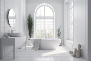 Obraz na płótnie Canvas Modern bathroom interior with bathtub. Illustration. AI Generated