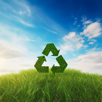 Vector illustration of the Recycle symbol on a background of blue sky and green grass.