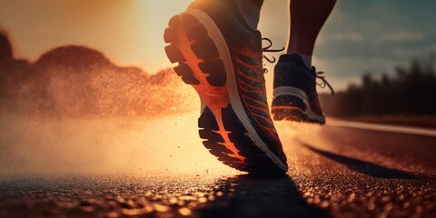 Close up view of runner sport shoes sprint running on track. distinct generative AI image. Generative AI - obrazy, fototapety, plakaty