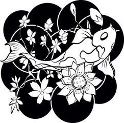 Fototapeta na wymiar Beautiful line art Koi carp tattoo design ,Black and white koi fish and flower.Traditional Japanese culture art for printing on white background.Cherry blossom vector.