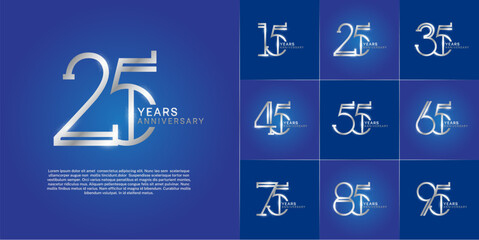 set of anniversary logotype silver color with glitter on blue color background for special celebration event