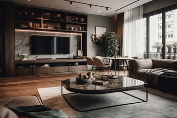 Luxurious interior with furniture, TV and office space. Perfect for living, working or entertaining guests. Generative AI