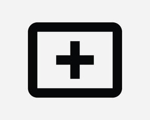 Obraz premium Plus Sign Cross in a Box Outline Add New Black and White Line Icon Sign Symbol Vector Artwork Clipart Illustration