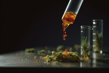 Biotech dropper adds chemicals to herbal tea extract in test tube. Generative AI