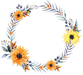 Flowers wreath painted in watercolor.Elegant floral ring for invitation, wedding or greeting cards.Vintage romantic style.Sunflower circle.