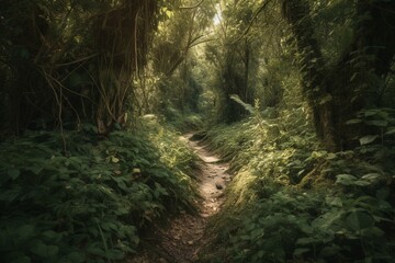 Lush forest with pathway. Generative AI