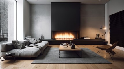 Sleek and modern fireplace in a minimalist living room. AI generated