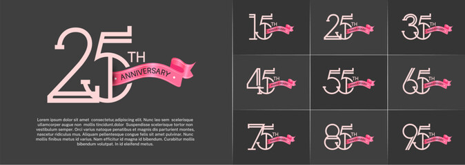 set of anniversary logotype pink color with pink ribbon for special celebration event