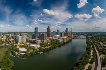 Fototapeta na wymiar Panoramic view of Austin downtown and Colorado river. Generative AI