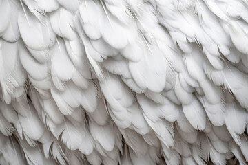 Dense background of white feathers. Close up texture of white swan feather or angel wing. Flat lay bird plumage. Copy space. High resolution. Generative AI, human enhanced