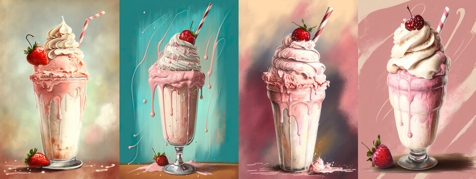 Milk Shake Strawberry Flavour Retro Style Paintings Collection - Generative AI