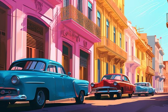 Vibrant digital painting of a Cuban street scene with abstract elements. Background illustration. Generative AI
