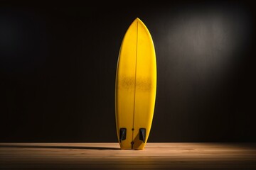 A yellow surfboard standing alone with a plain background. Generative AI