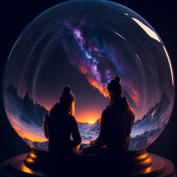 Romantic couple watching sunset inside a snowglobe
