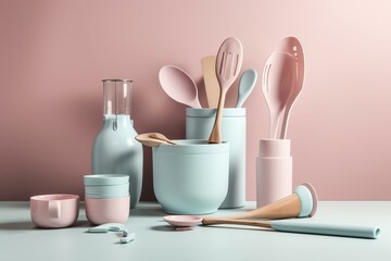 Fototapeta na wymiar Kitchen utensils in pastel shades, including a plastic brush, in PNG file format. Generative AI