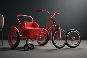 Fototapeta na wymiar 3D red bike with teen stroller isolated on gray with shadow. Generative AI