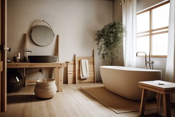 Minimalist Japandi bathroom with freestanding tub, wooden washbasin, and bleached tones. Farmhouse interior. Generative AI