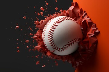 Red baseball breaks through orange wall with great force under black-white background. High-quality 3d rendering. Generative AI