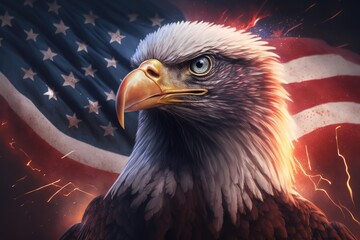 Proud serious eagle against the background of American flag, Eagle with USA flags background, Generative AI