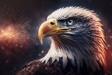 Proud serious eagle against the background of American flag, Eagle with USA flags background, Generative AI