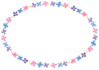 水彩手描きの紫と青とピンクの花の楕円フレーム