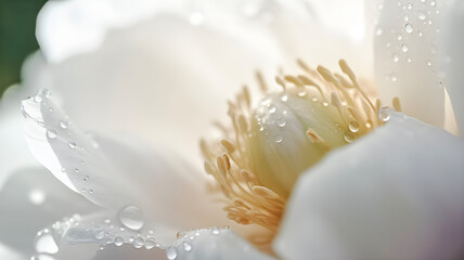Elegant pastel white colour peony flower with water drops, close up, macro background, AI generated