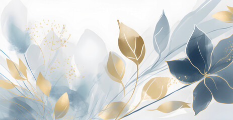 Abstract floral art background. Botanical watercolour hand painted gentle blue and gold flowers and leaf branch with line art. AI generated