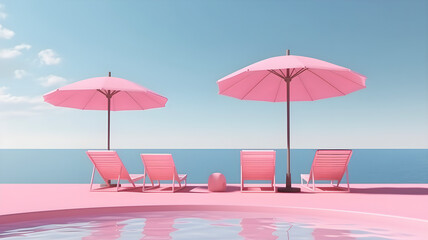 Swimming pool with beach umbrella and chairs. Pink  summer vacation concept. AI generated