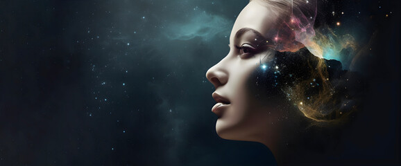 Beautiful female face on space background, free copy space  AI generated