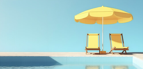 Swimming pool with beach umbrella and chairs. Yellow summer vacation concept. AI generated