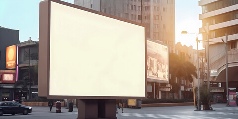 Obraz premium Digital Media Blank billboard, signboard for product advertisement, design, advertising light box billboard, on realistic busy city street background with people, sunny day. Ai generated