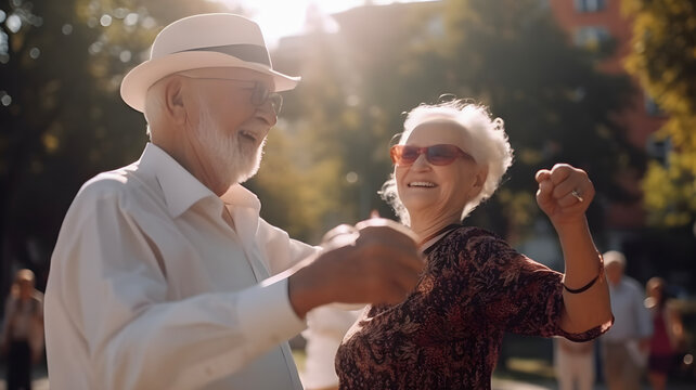 Happy Couple of senior man and women dancing with joy in the park, sunny day. AI generated