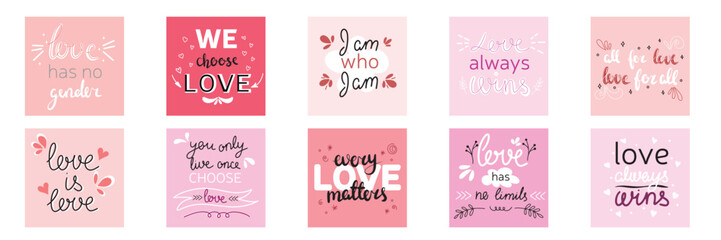 Set of color hand written lettering about love LGBTQ design poster, greeting card, banner, calligraphy vector illustration collection