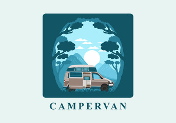 Colorful illustration badge of campervan in nature