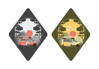 Colorful illustration badge of campervan in nature
