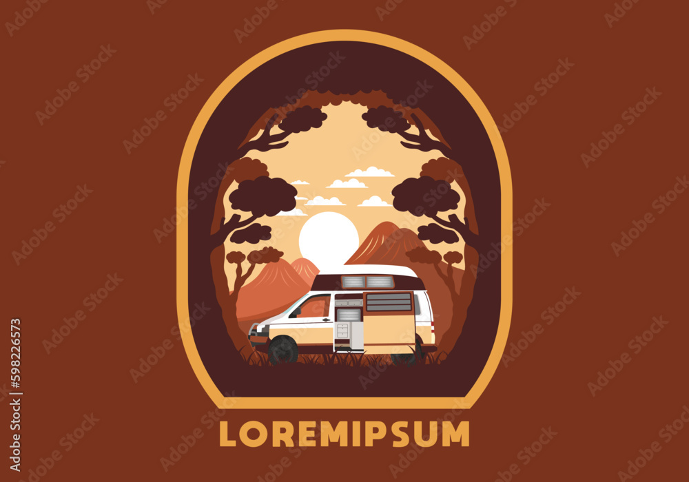 Wall mural Colorful illustration badge of campervan in nature