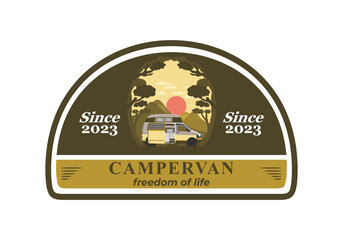 Colorful illustration badge of campervan in nature