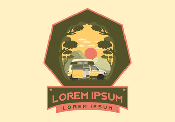 Colorful illustration badge of campervan in nature
