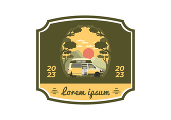 Colorful illustration badge of campervan in nature