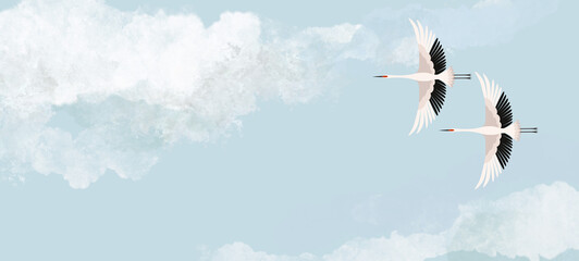 Japanese crane flying in the sky, background