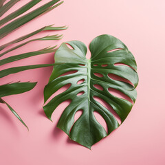 tropical monstera leaf on a peach background