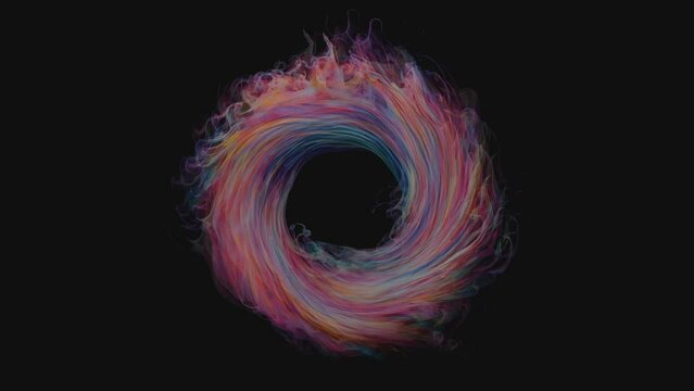 Abstract and glowing colorful smoke circle swirl on dark background. Seamless and infinite looping video animated background.